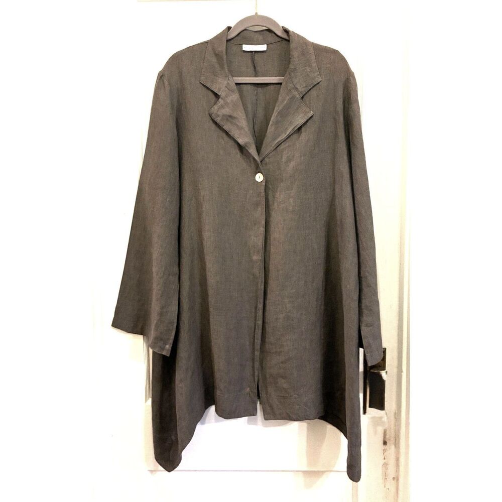 Bryn Walker Gray 100% Linen Long Button Caridgan Jacket Top  Women's One Size - Picture 2 of 10